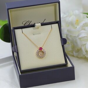 Chopard Gold Necklace with Pink Ruby and Diamond Halo Pendant